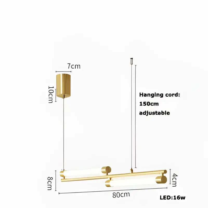 Gold-toned decorbites art deco led chandelier with cylindrical fixture, dual horizontal led bars, adjustable 150cm cord for dining room