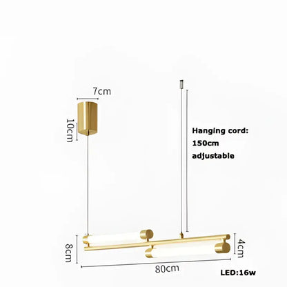 Gold-toned decorbites art deco led chandelier with cylindrical fixture, dual horizontal led bars, adjustable 150cm cord for dining room