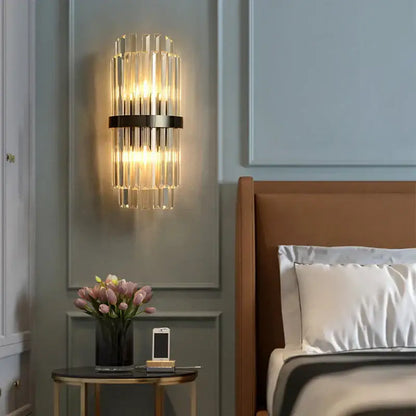 Modern decorbites art deco wall sconce with vertical glass rods and black stainless steel frame for bedroom corridor lighting