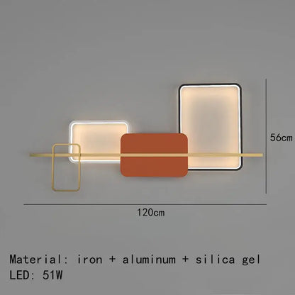 Modern geometric decorbites art deco LED wall lamp with warm white and orange rectangular panels framed in gold metal