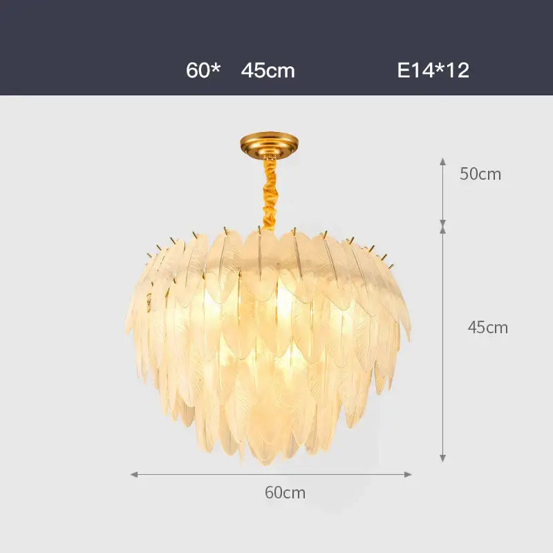 Decorbites art deco white glass feather chandelier with gold-toned layered translucent shades for bedroom lighting