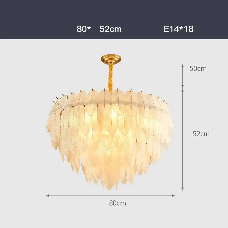 Golden-toned decorbites art deco white glass feather chandelier with layered translucent shades for bedroom use