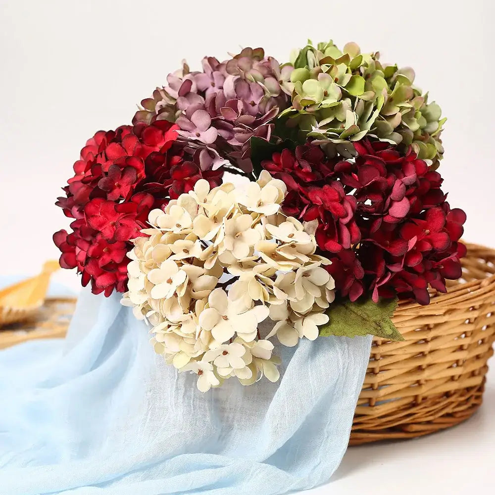 A vibrant bouquet of colorful artificial hydrangea wedding flowers for indoor home decoration by decorbites