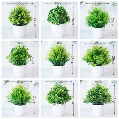 Set of nine decorbites artificial mini green plants in white ceramic pots with varying leaf textures and heights