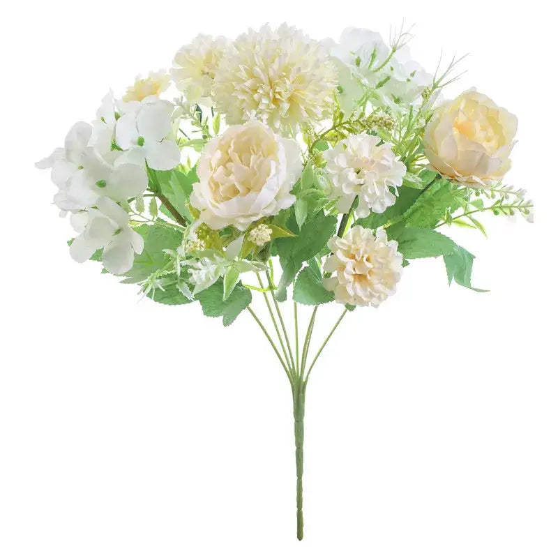 Decorbites artificial peony flower bouquet featuring white and cream synthetic blooms with green foliage for decoration