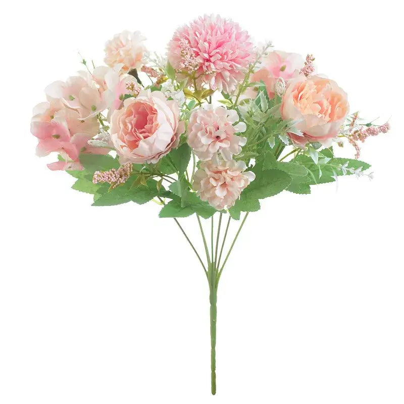 Decorbites artificial peony flower bouquet with delicate pink and peach roses and green foliage for wedding decor
