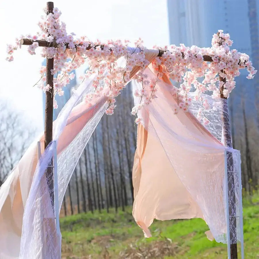 Decorbites artificial sakura pink cherry blossom arch with sheer lace and tulle fabric for wedding garden decor