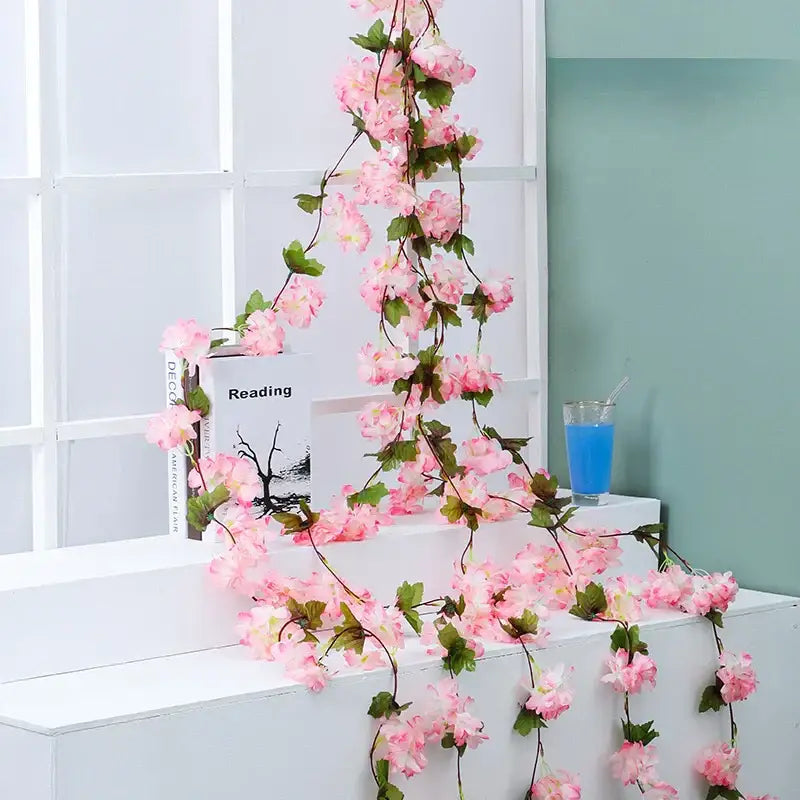 Decorbites artificial sakura delicate pink sakura flowers vine with green leaves for wedding garden rose arch decoration