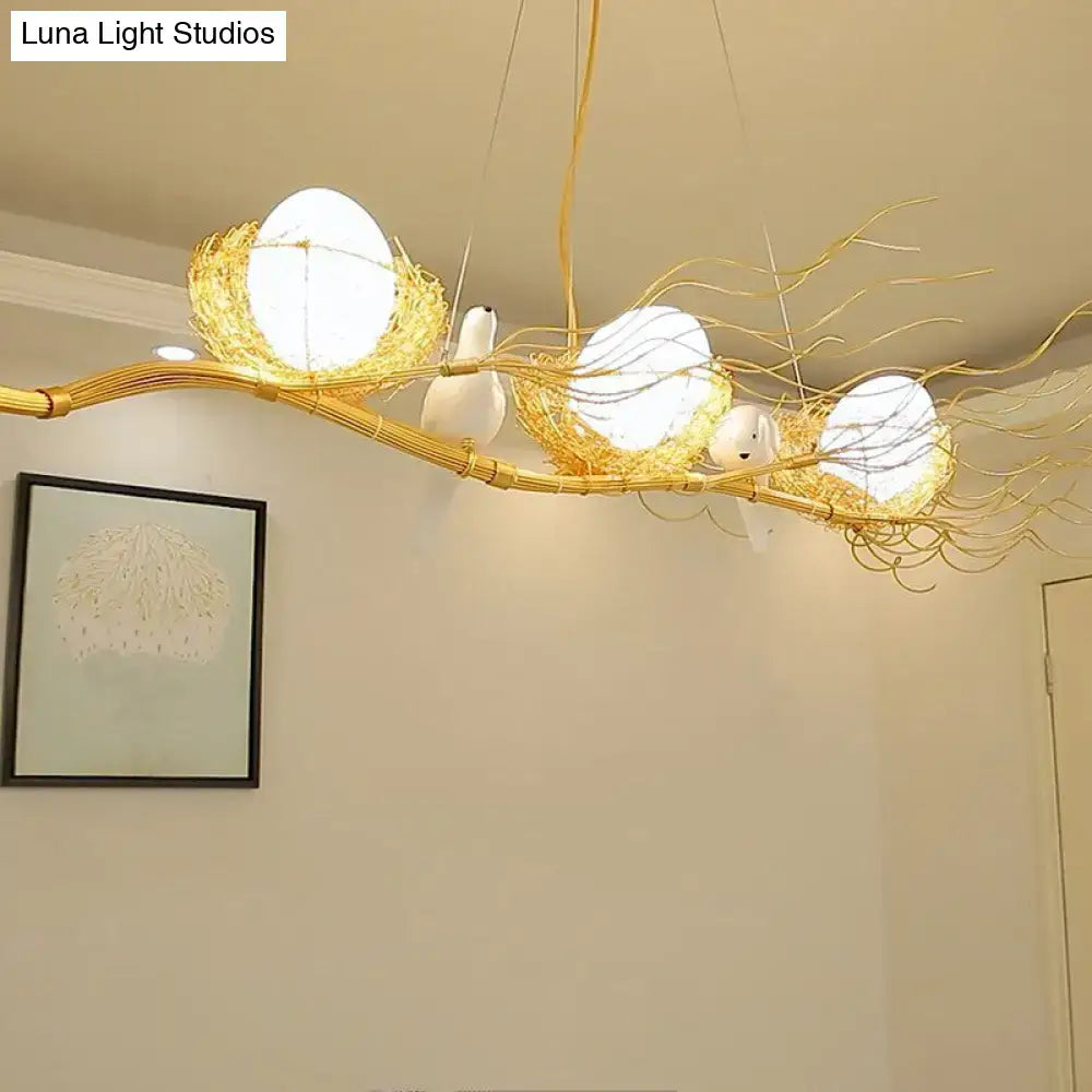 DecorBites™ beige nest and egg island pendant with golden branch bird design and 220v-240v cream glass art deco shades