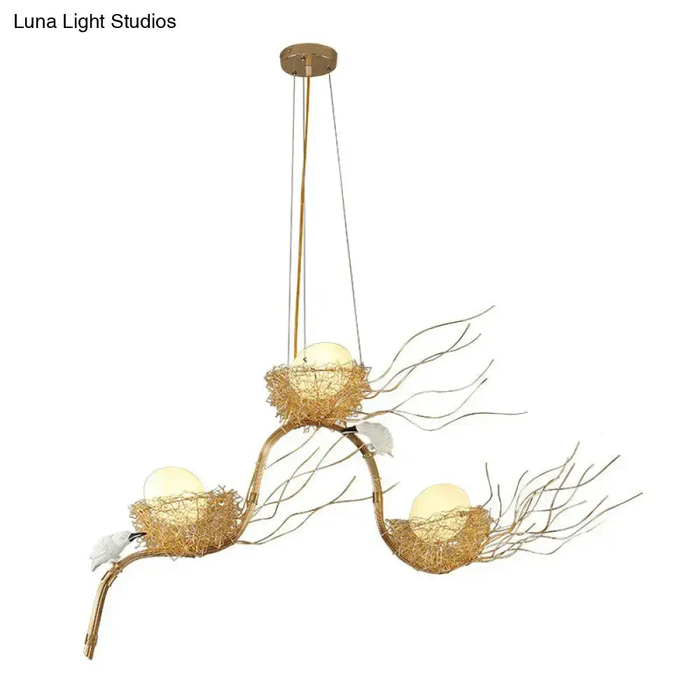 DecorBites artistic 3-light beige nest and egg island pendant with cream glass shade and glowing branch bird orbs 110v-120v