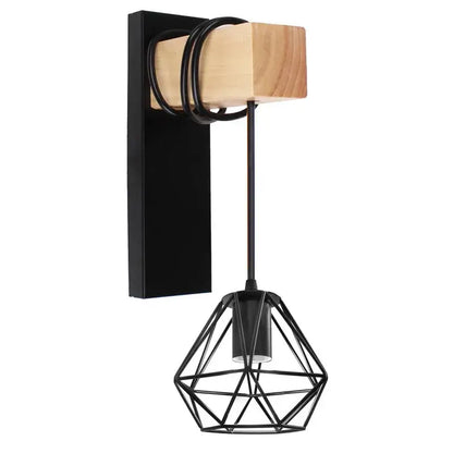 Black metal geometric wall lamp with wooden accent block, decorbites artistic metal iron design for bedroom and bar sconce