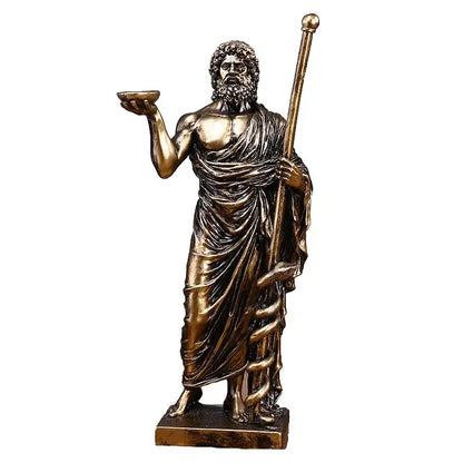 Bronze-colored resin asclepius mini statue depicting the greek god of medicine holding a staff and offering bowl for decor