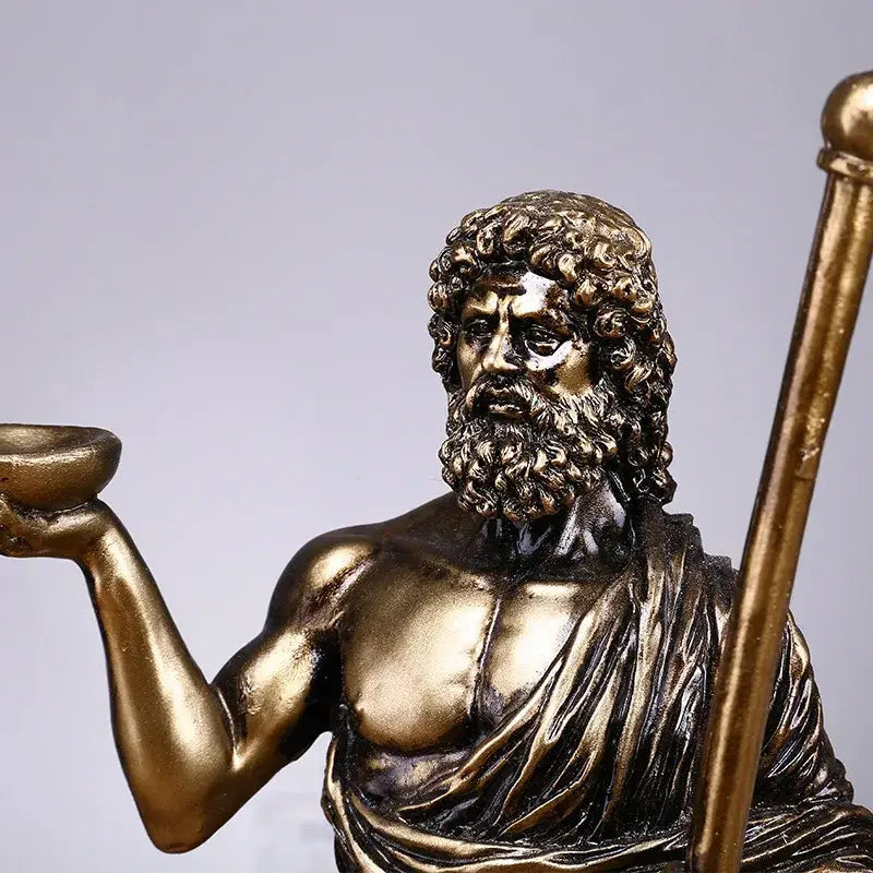 Bronze resin asclepius mini statue depicting the greek god of medicine holding a bowl and staff for home decor
