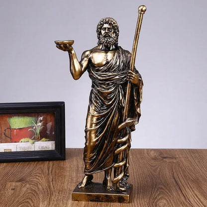 Bronze-colored resin asclepius mini statue of bearded greek god holding bowl and staff for home office decor