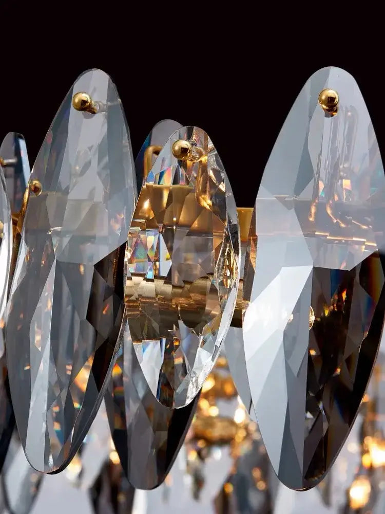Elegant decorbites ash crystal ceiling chandelier with faceted transparent and smoky glass panels and gold fixtures