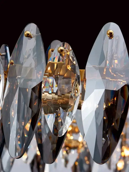 Elegant decorbites ash crystal ceiling chandelier with faceted transparent and smoky glass panels and gold fixtures