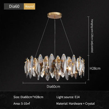 Decorbites ash crystal round 60cm chandelier with clear crystal slices and gold-toned hardware for modern decor