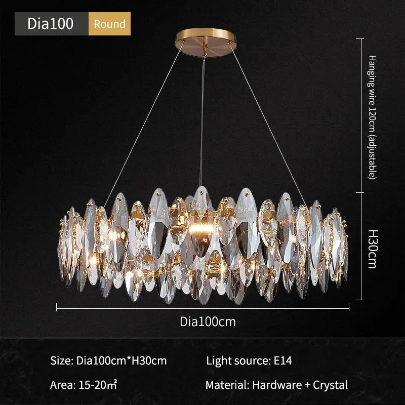 Decorbites ash crystal ceiling chandelier with clear crystal teardrops and gold-toned frame for modern home decor
