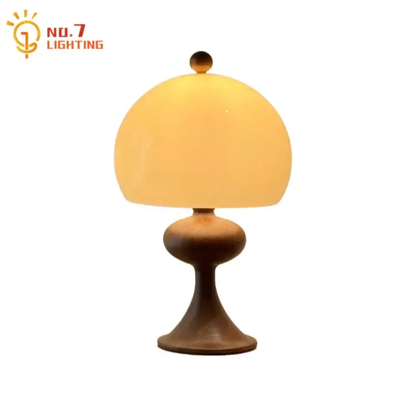Decorbites ash wood bubble table lamp with warm amber glass dome and dark brown wooden base for elegant lighting