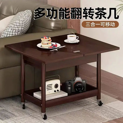 Dark brown ash wood coffee table with folding desktop storage two-tier design and caster wheels by decorbites