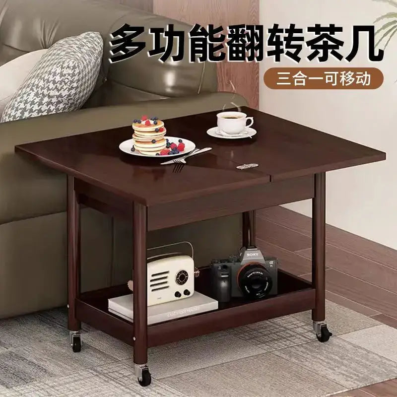 Dark brown ash wood coffee table with folding desktop storage two-tier design and caster wheels by decorbites