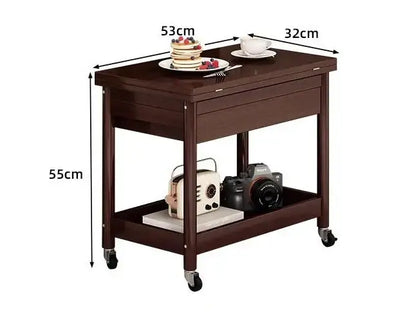 Dark brown ash wood coffee table cart with folding desktop storage drop-down drawer and black caster wheels