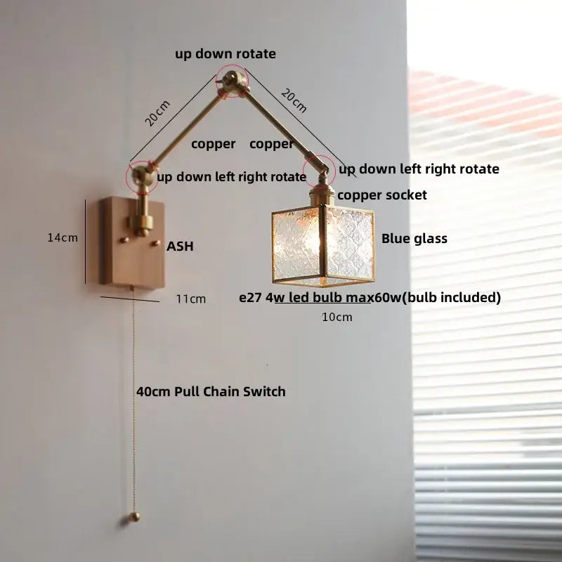 Copper-finished decorbites ash wood led wall lamp with adjustable swing arm and blue-tinted glass shade