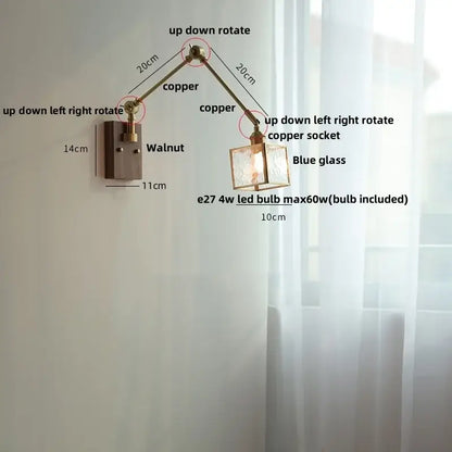 Adjustable copper wall lamp with blue glass shade and walnut finished mount by decorbites ash wood led swing arm light