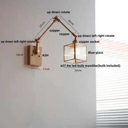 Adjustable copper wall lamp with blue glass cube shade decorbites ash wood led swing arm wall light with pull chain switch
