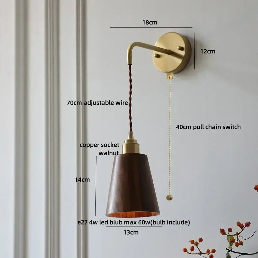 Decorbites ash wood wall lamp with warm brass finish dark walnut shade and adjustable copper socket for home decor