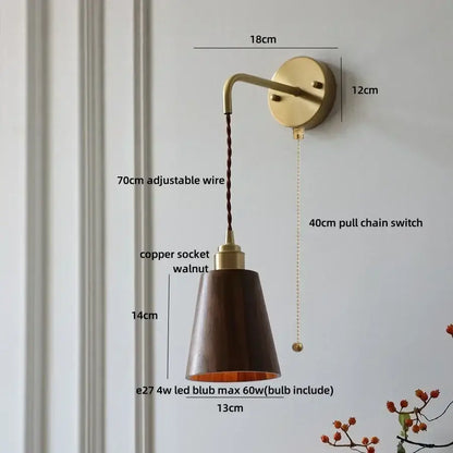 Decorbites ash wood wall lamp with warm brass finish dark walnut shade and adjustable copper socket for home decor