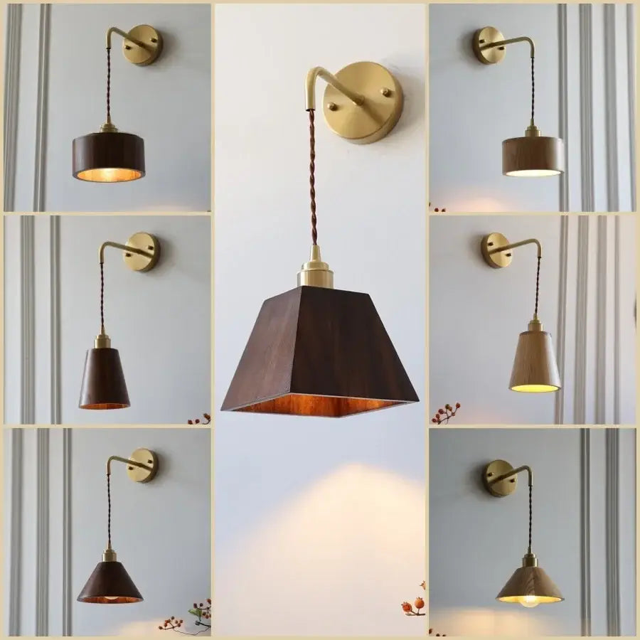 Decorbites ash wood wall lamp with dark wood pendant, brass accents, and twisted cord for elegant home decor lighting