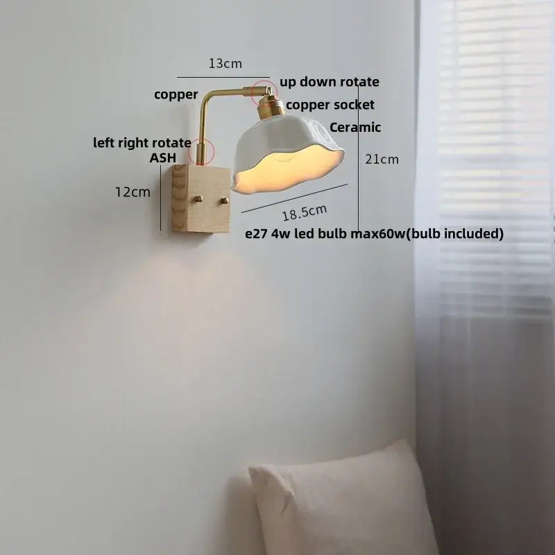 Minimalist wall light with copper arm ash wood base and ceramic shade featuring adjustable rotation by DecorBites ash wood