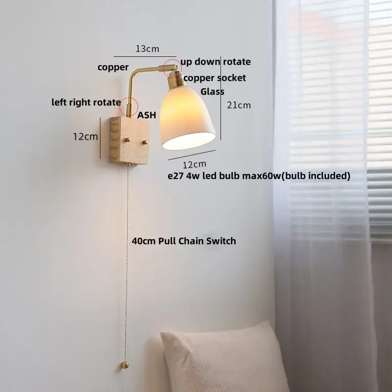 Copper-finished decorbites ash wood wall light with frosted glass shade and adjustable rotation in modern nordic design