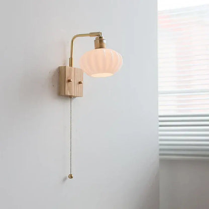 Decorbites ash wood wall light fixture with warm-toned ribbed glass lamp brass arm and wooden base modern nordic design