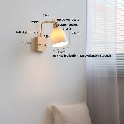 DecorBites ash wood wall light with warm copper sconce, matte white glass shade, and adjustable directional lighting