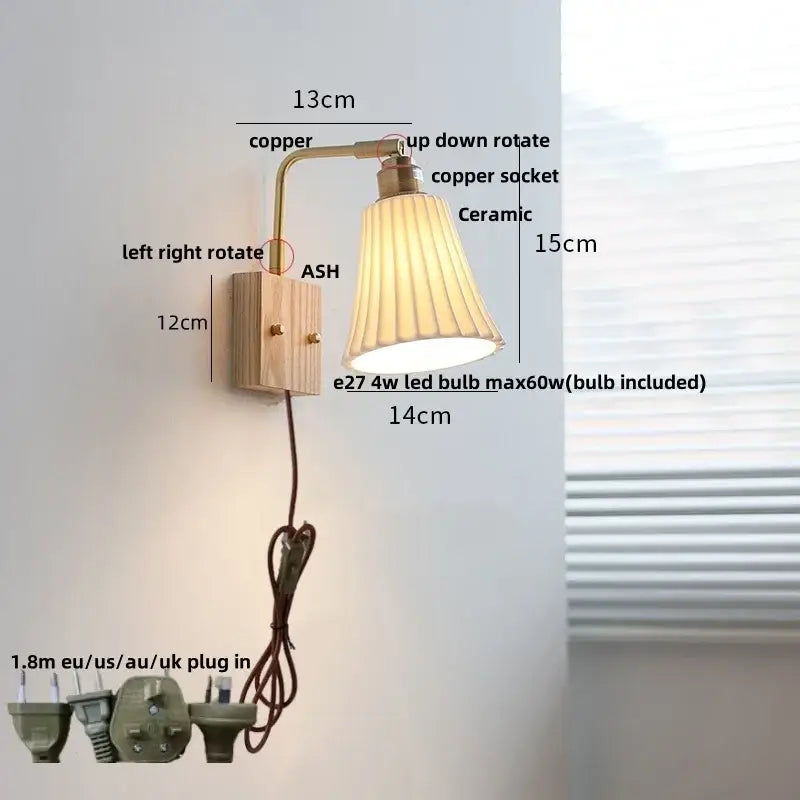 Copper-finished wall light with fluted ceramic shade and adjustable arm in decorbites ash wood modern Nordic design
