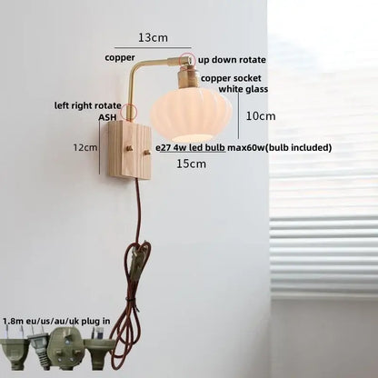 DecorBites ash wood wall light with warm copper sconce, white glass shade, and modern nordic design