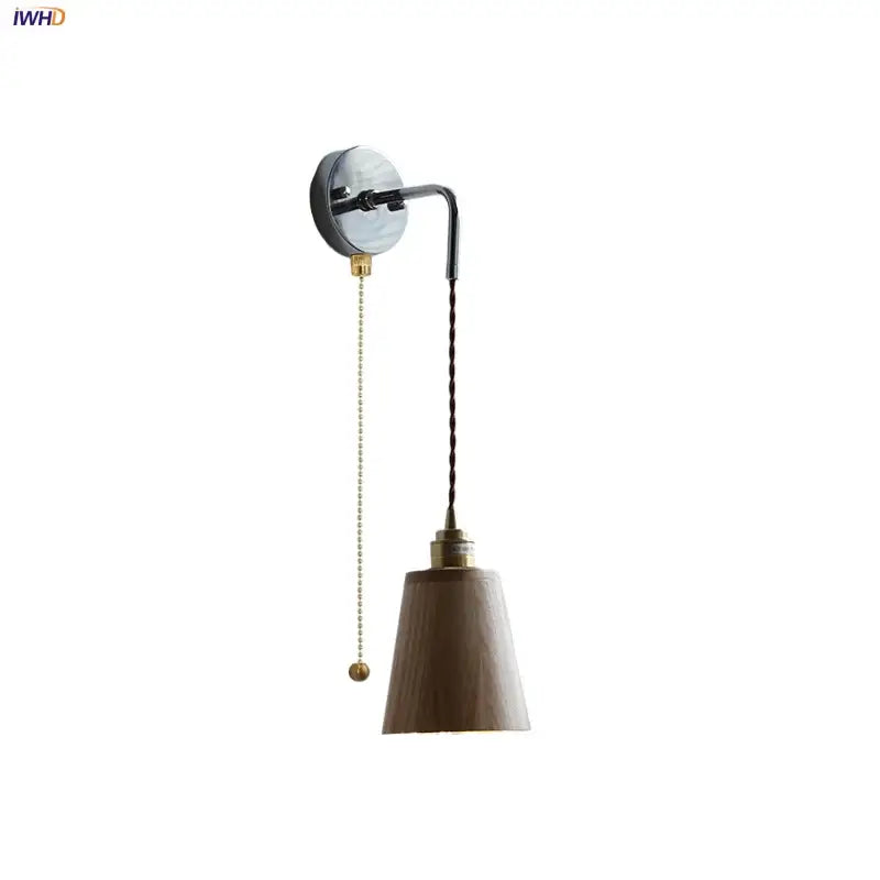 DecorBites ash wood led wall light with matte wooden conical shade brass accents and adjustable pull chain switch