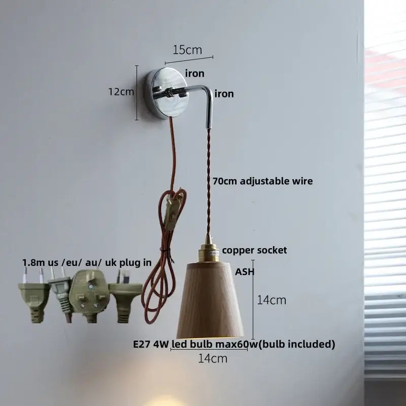 Minimalist decorbites ash wood led wall light with polished iron bracket and adjustable copper wire bedside lamp