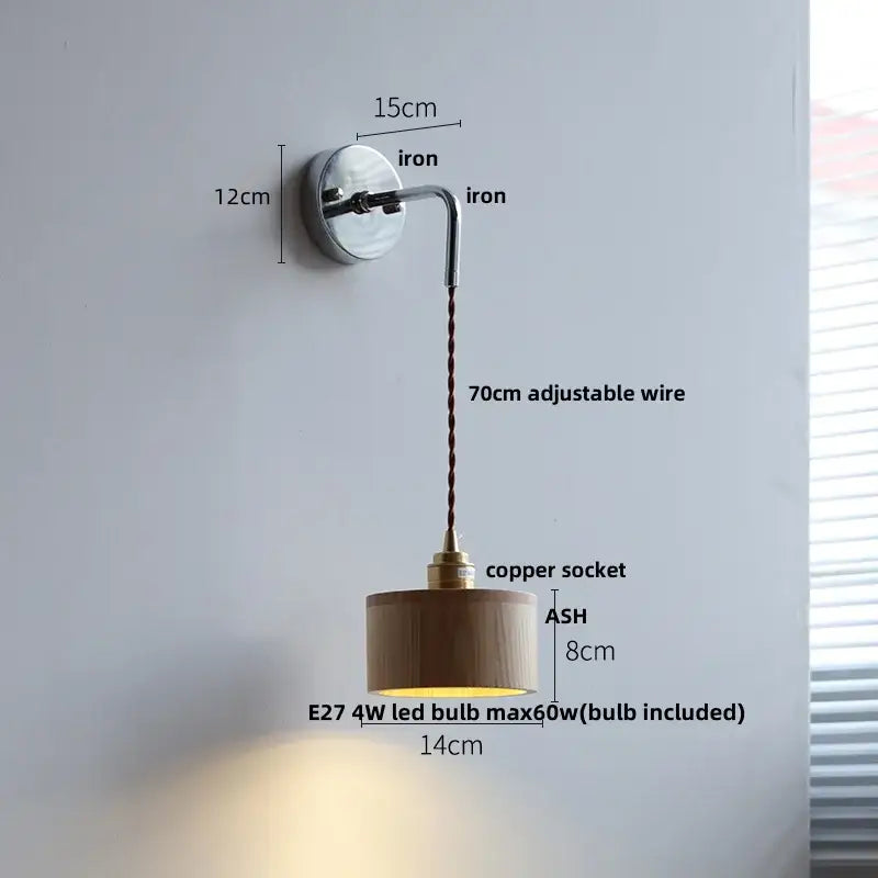 Minimalist decorbites ash wood led wall light with polished iron bracket copper wire and cylindrical wooden shade