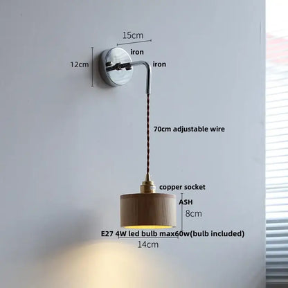 Minimalist decorbites ash wood led wall light with polished iron bracket copper wire and cylindrical wooden shade