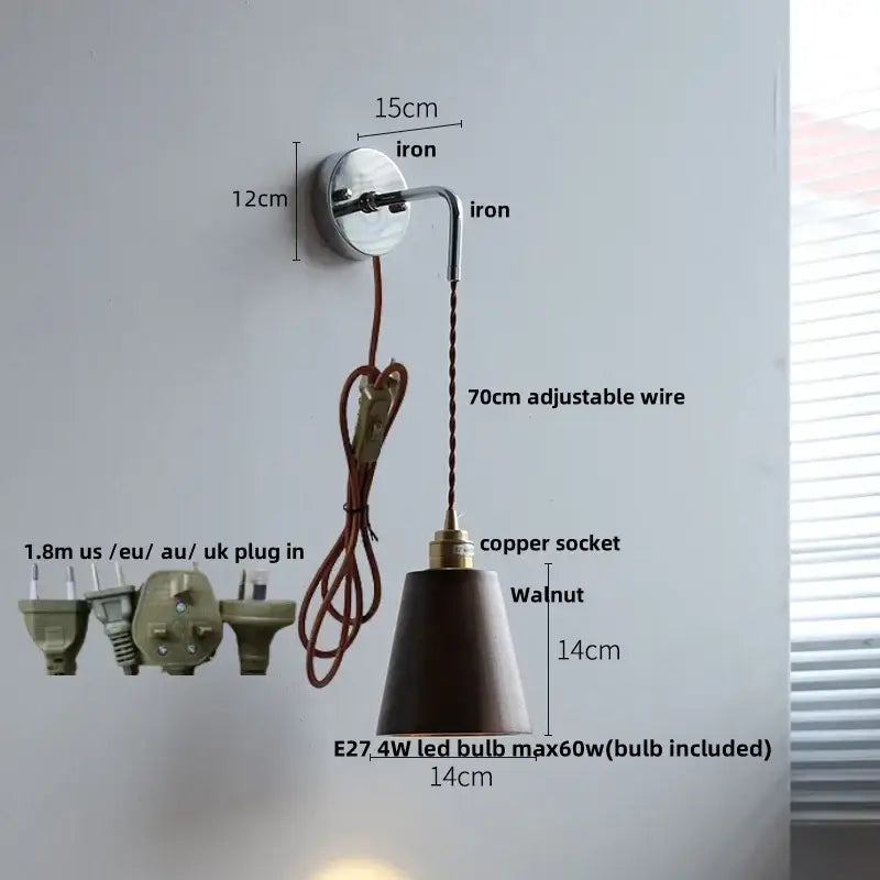 Decorbites ash wood led wall light with polished iron bracket adjustable copper socket and dark walnut shade