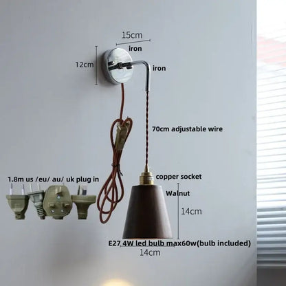 Decorbites ash wood led wall light with polished iron bracket adjustable copper socket and dark walnut shade