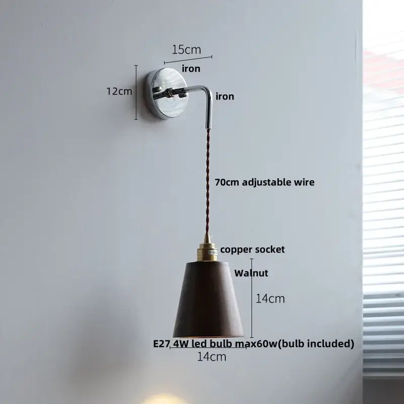 Decorbites ash wood led wall light with polished iron bracket and dark walnut shade for japanese style bedside use