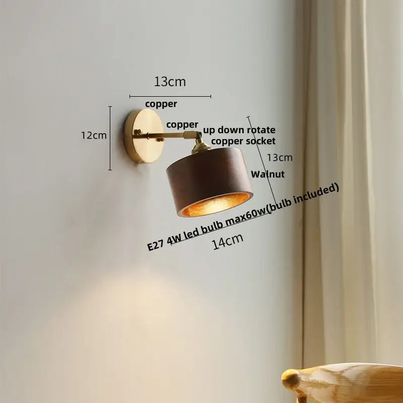 Decorbites ash wood led wall light with copper finish walnut shade and adjustable up down rotation for living room