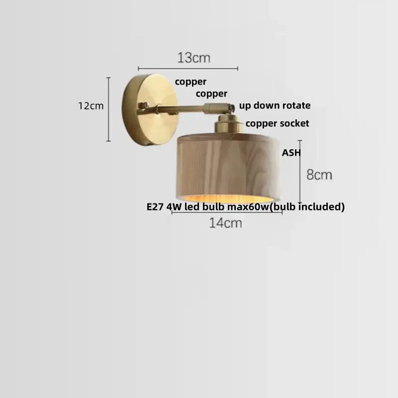 Copper-finished DecorBites ash wood led wall sconce with cylindrical shade and adjustable arm for living room use