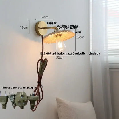 DecorBites ash wood led wall light with copper sconce, scalloped amber glass shade, edison bulb for living room or porch