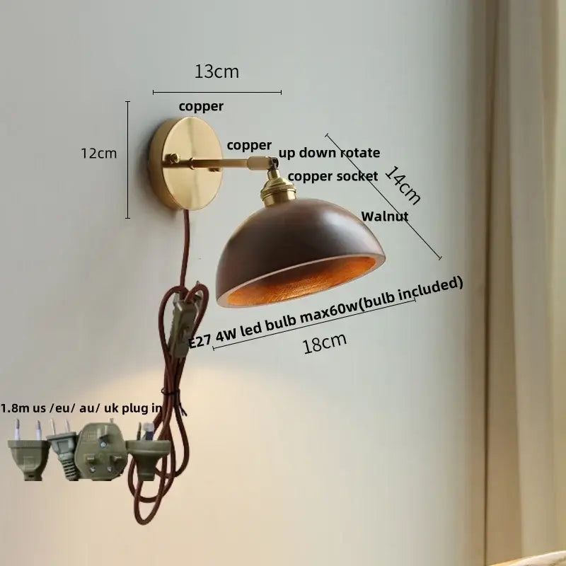 Decorbites ash wood led wall light with copper finish dark walnut shade and adjustable arm for living room or porch