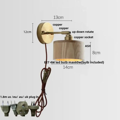 Decorbites ash wood wall lights with copper finish and cylindrical ash wood shade for living room or stair lighting
